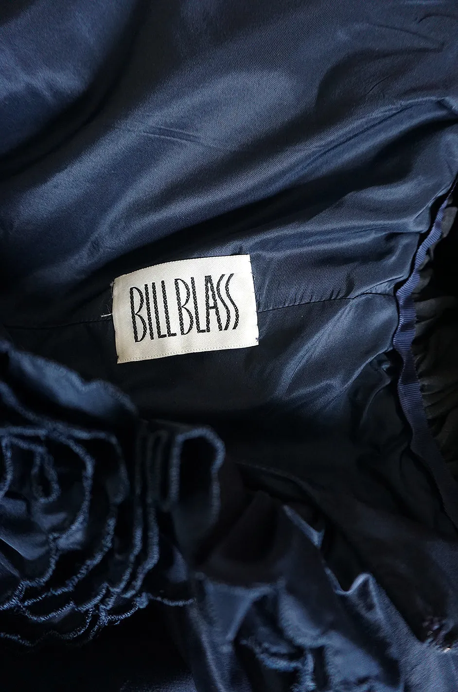 1980s Bill Blass Midnight Blue Silk Taffeta Plunging Ruffled Dress