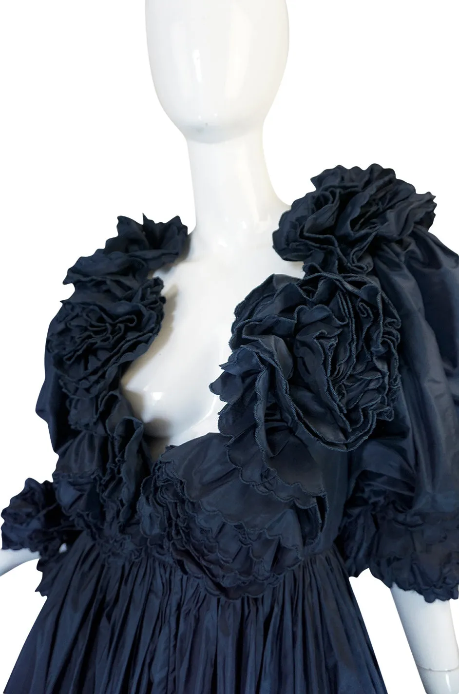 1980s Bill Blass Midnight Blue Silk Taffeta Plunging Ruffled Dress