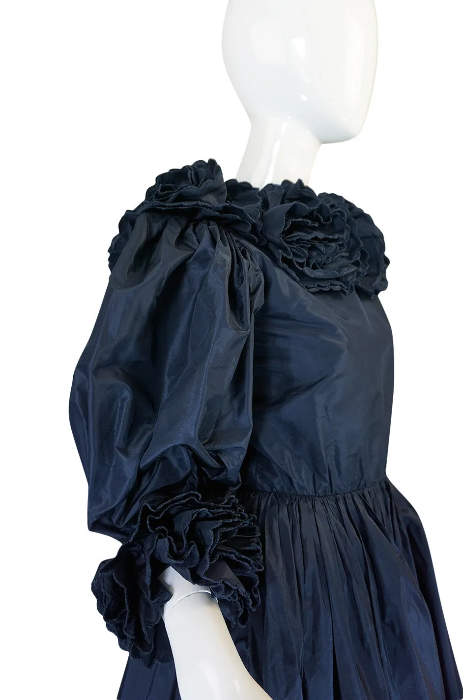 1980s Bill Blass Midnight Blue Silk Taffeta Plunging Ruffled Dress