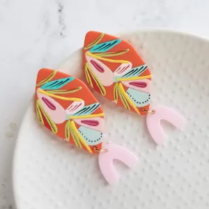 80s Bright Color Large Earrings, tropical flower earring, abstract design earring, pink orange tropical color, 2.5 in long thick lightweight
