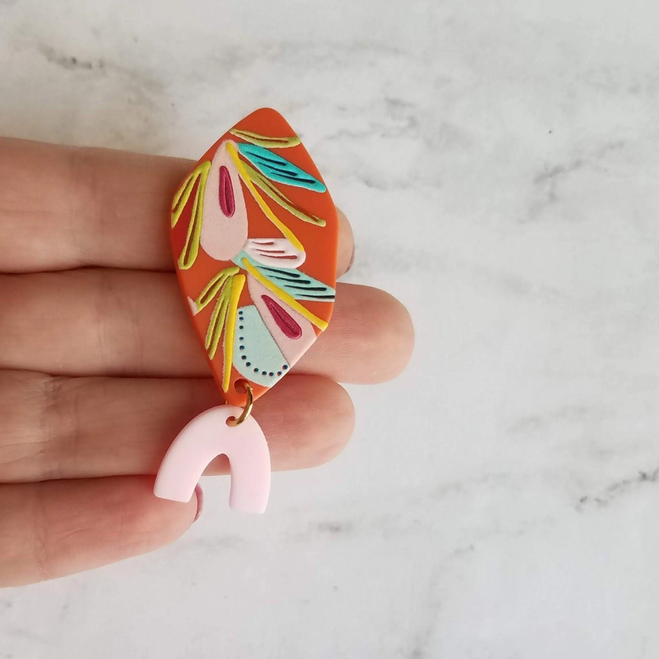 80s Bright Color Large Earrings, tropical flower earring, abstract design earring, pink orange tropical color, 2.5 in long thick lightweight