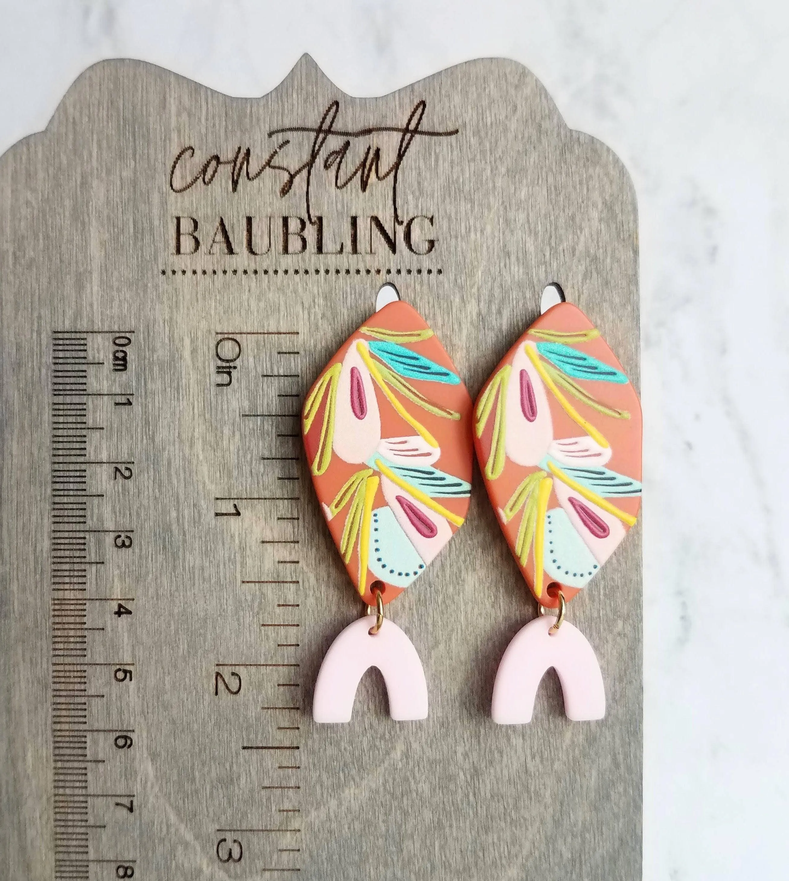 80s Bright Color Large Earrings, tropical flower earring, abstract design earring, pink orange tropical color, 2.5 in long thick lightweight