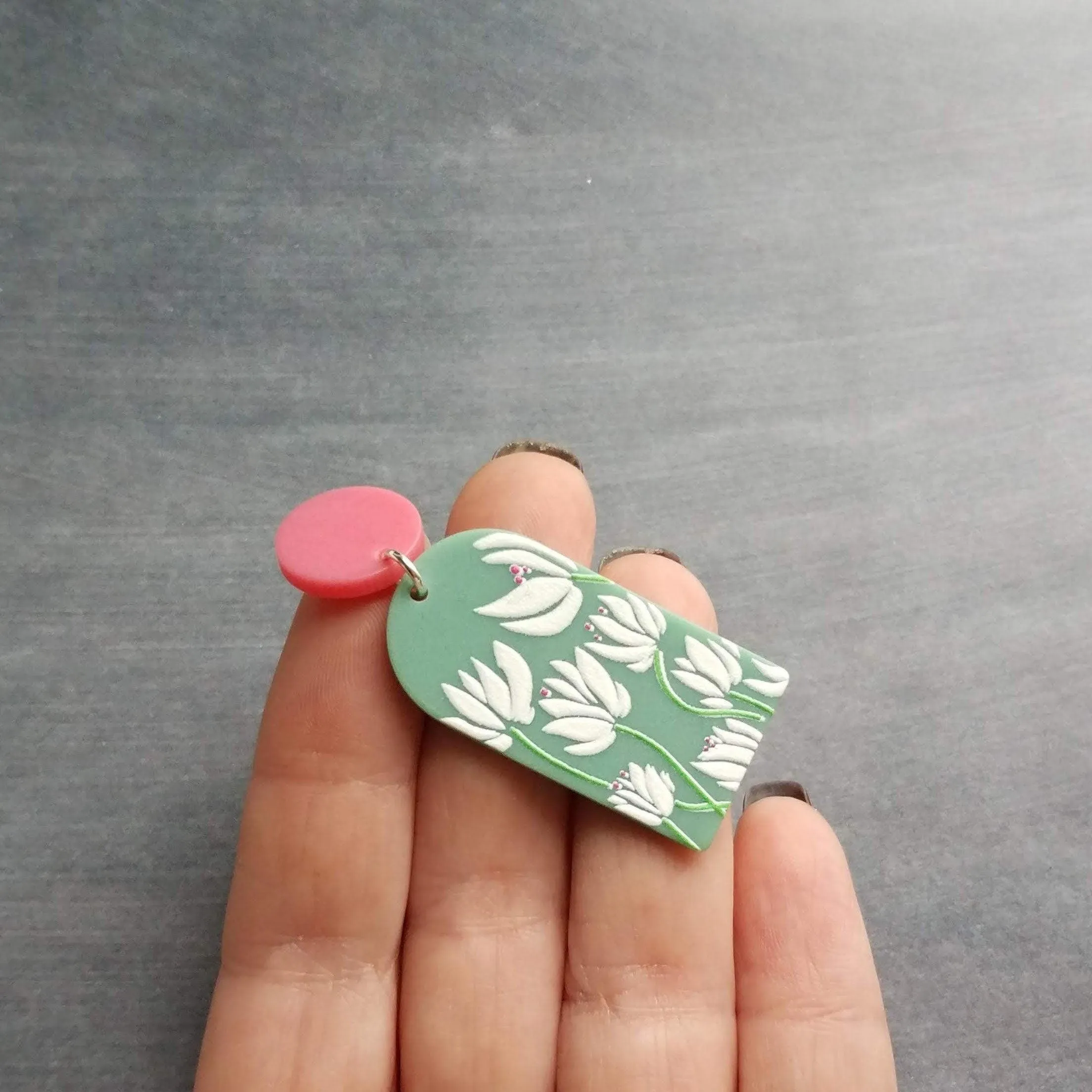 80s Earrings, thick acrylic earring, large floral earring, chunky plastic earring, 1980s style, matte green white, pink round stud, flowers