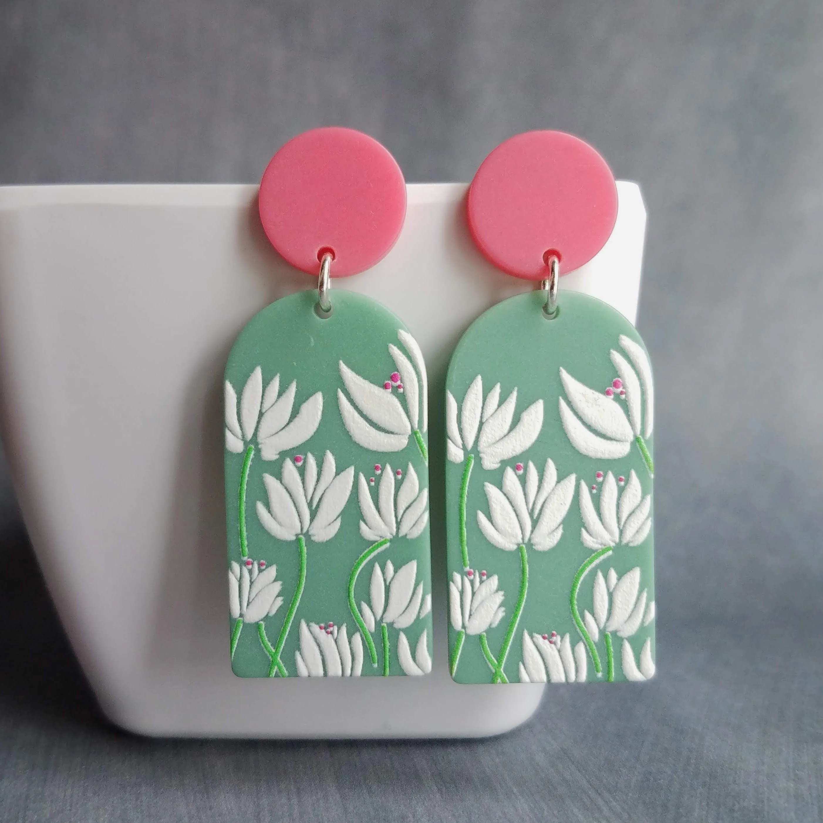 80s Earrings, thick acrylic earring, large floral earring, chunky plastic earring, 1980s style, matte green white, pink round stud, flowers