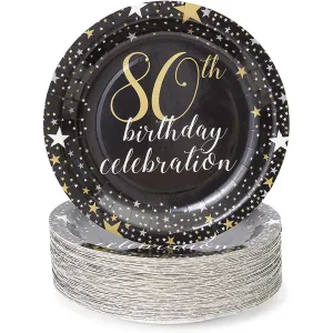 80th Birthday Party Paper Plates (9 Inches 80 Pack) Black Holiday