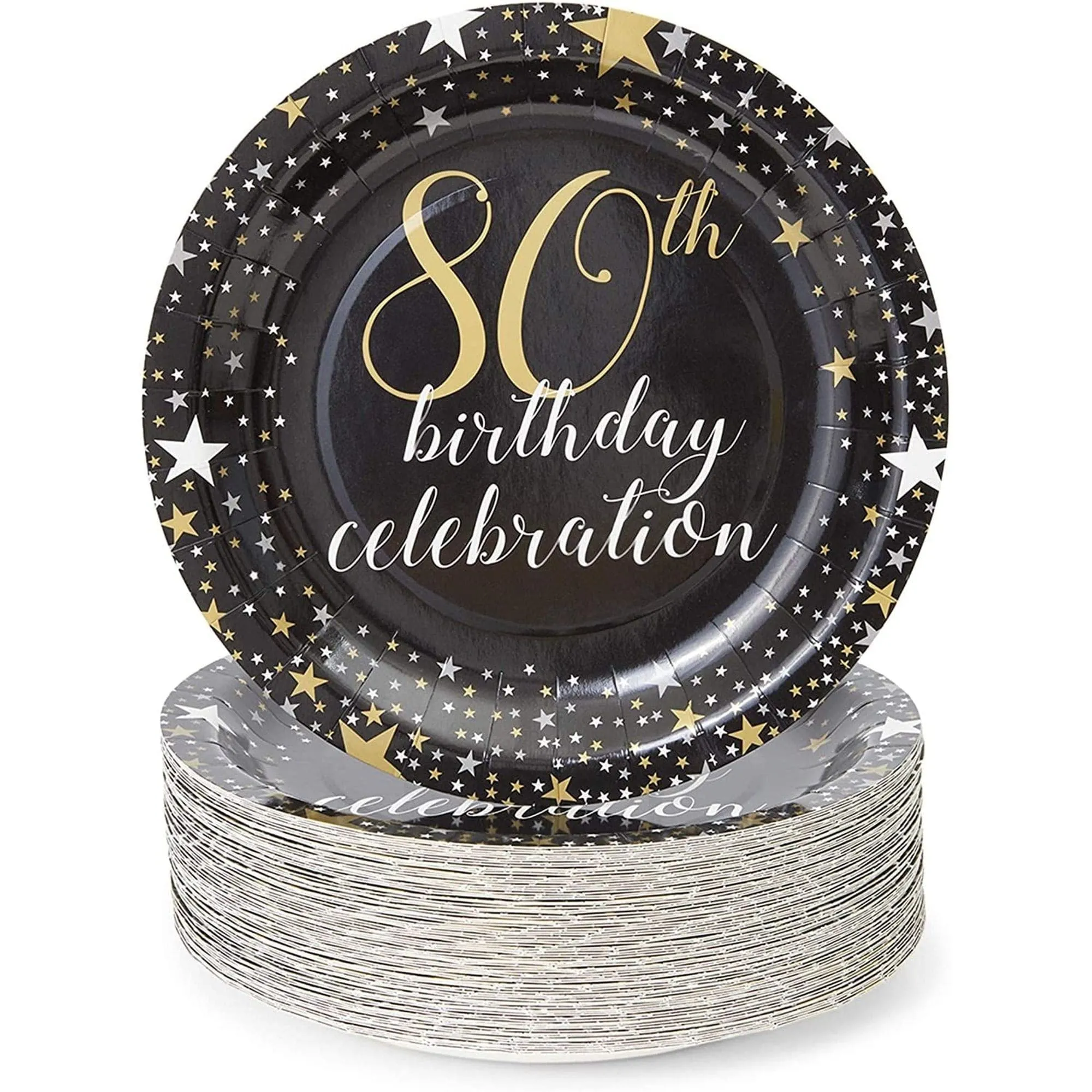 80th Birthday Party Paper Plates (9 Inches 80 Pack) Black Holiday