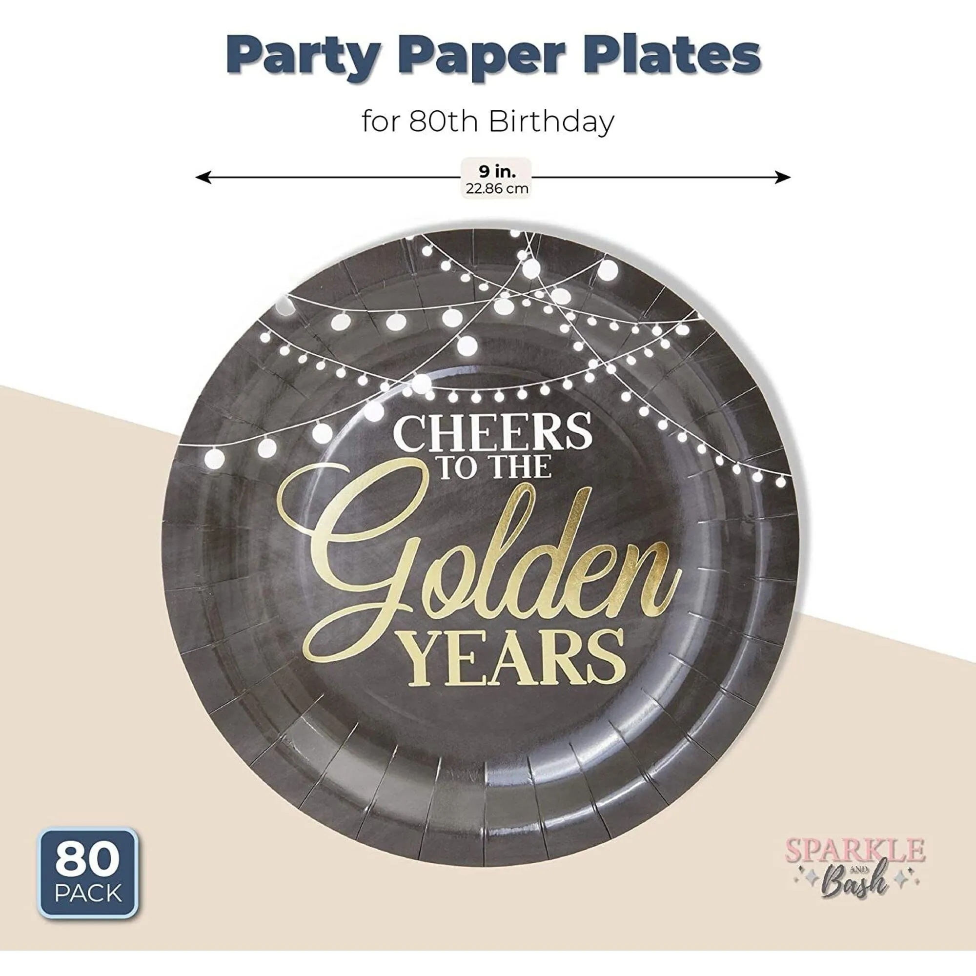80th Birthday Party Paper Plates (9 Inches 80 Pack) Black Holiday