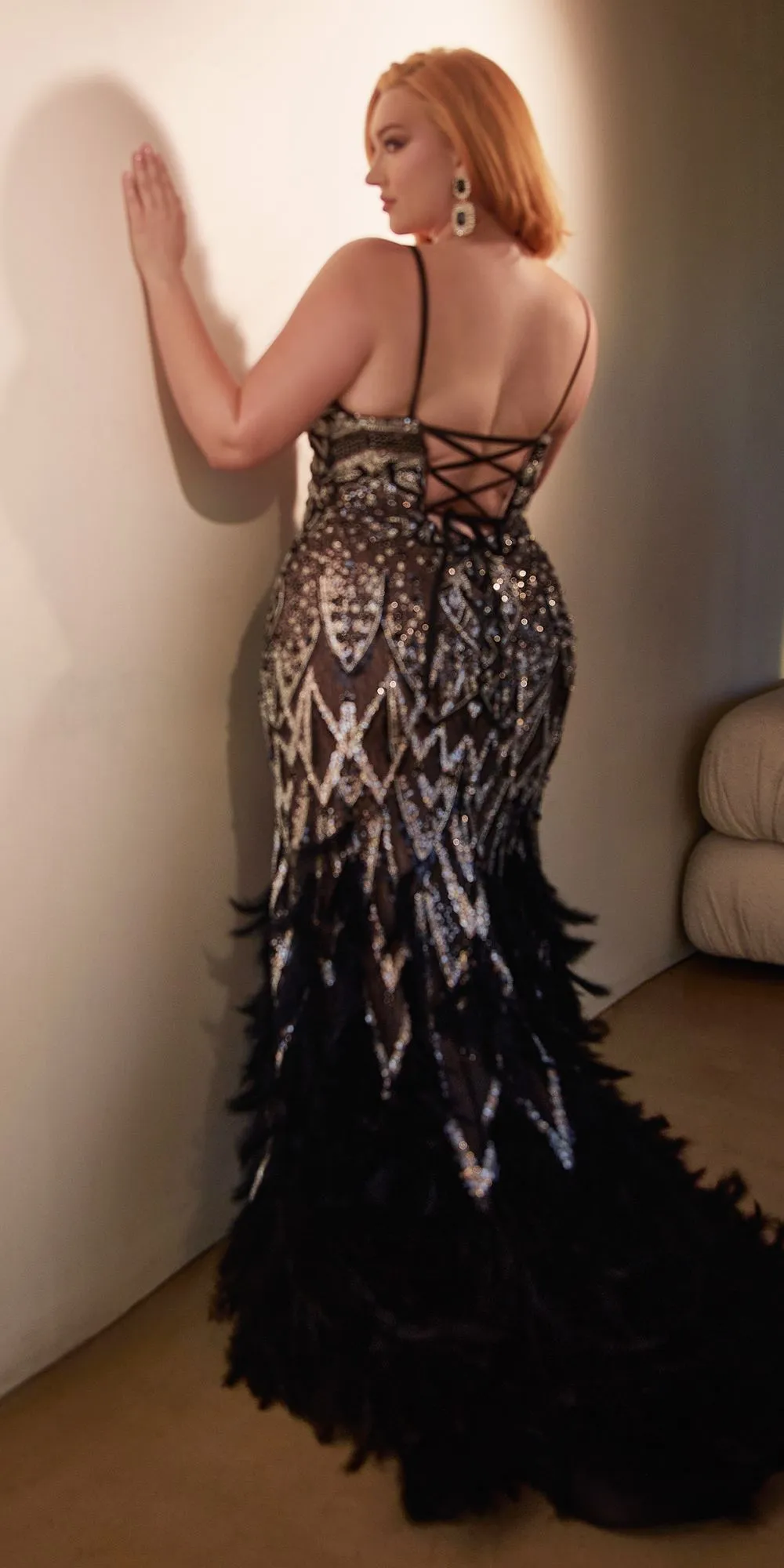 Andrea & Leo A1229 Long Fitted Feather and Bead Embellished Mermaid Gown