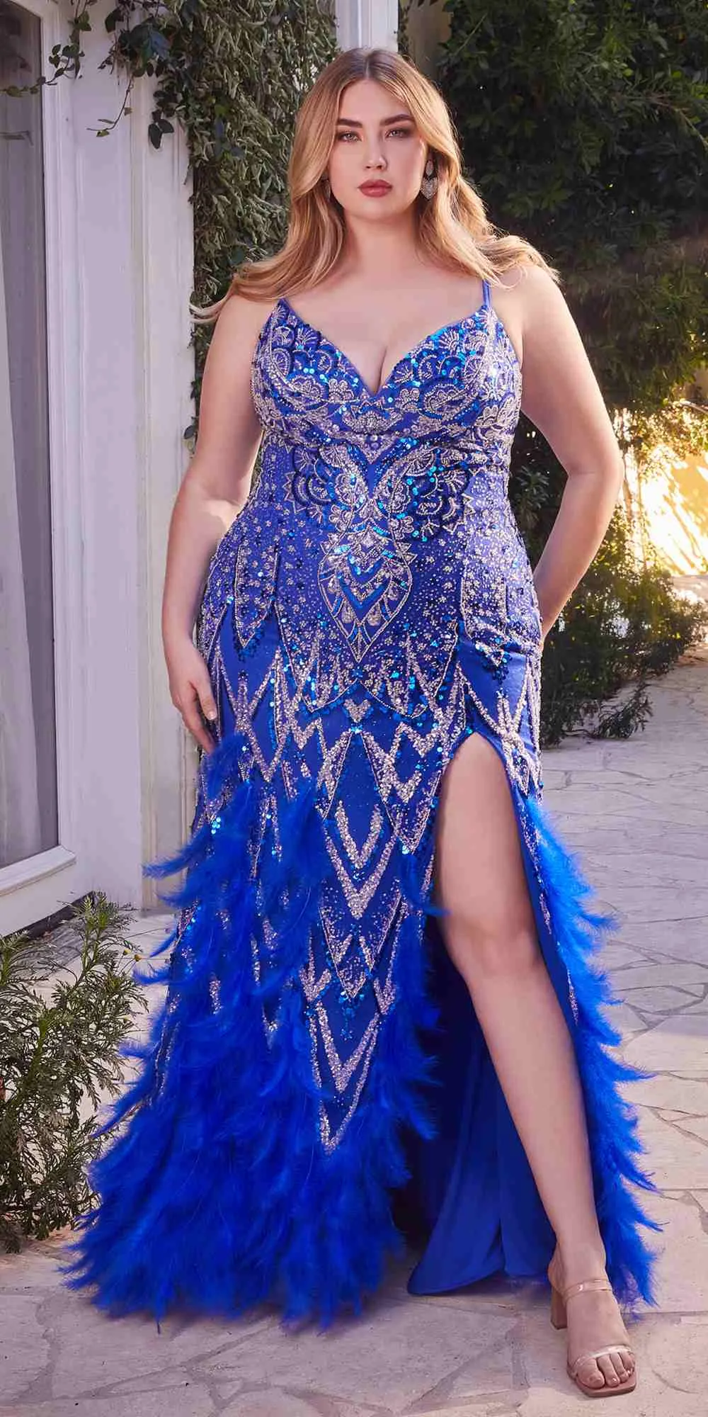 Andrea & Leo A1229 Long Fitted Feather and Bead Embellished Mermaid Gown