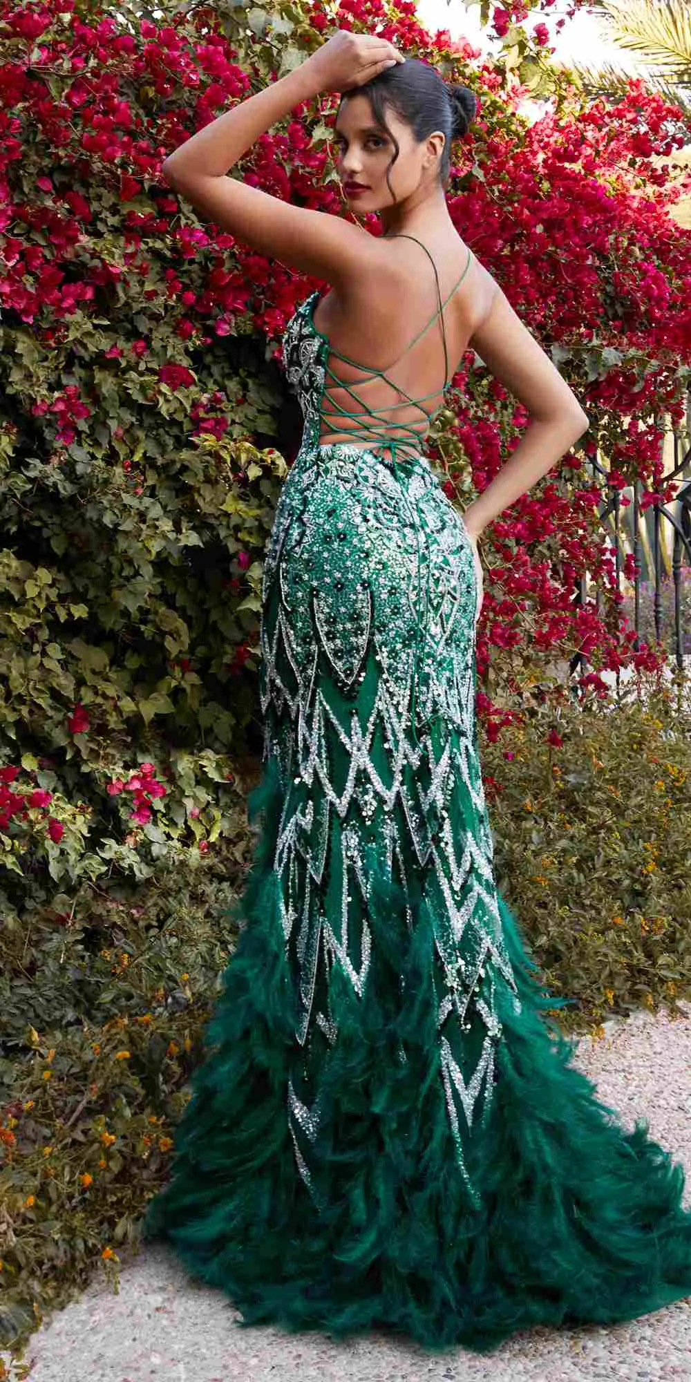 Andrea & Leo A1229 Long Fitted Feather and Bead Embellished Mermaid Gown