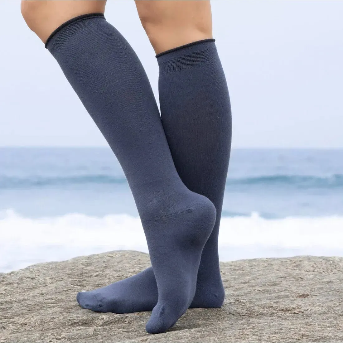 Bambukas Womens Navy Blue Elegance Knee-High Boot Socks