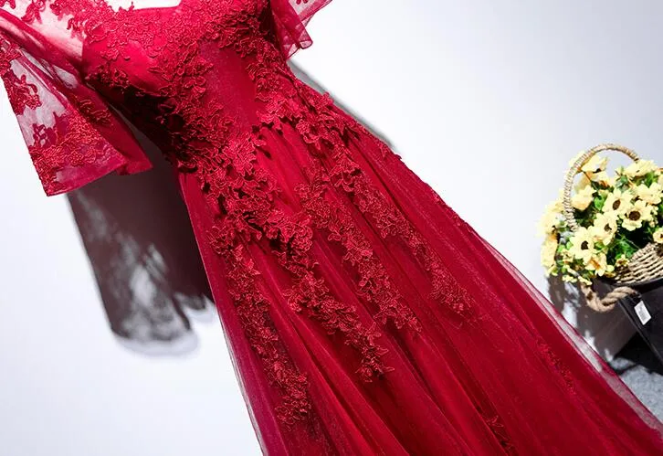 Beautiful Red Short Sleeves Tulle Prom Dress, Red Long Evening Gown