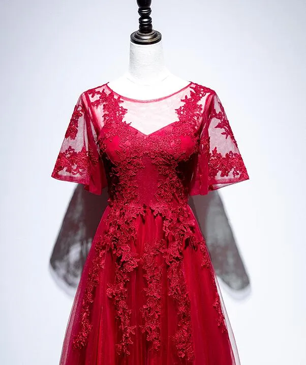 Beautiful Red Short Sleeves Tulle Prom Dress, Red Long Evening Gown