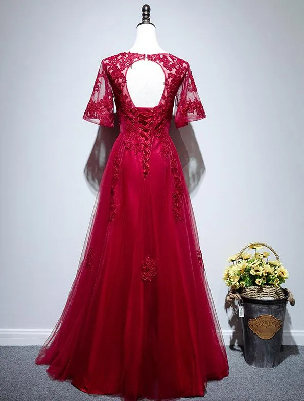Beautiful Red Short Sleeves Tulle Prom Dress, Red Long Evening Gown