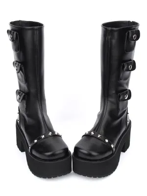 Black Lolita Boots Chunky Heel Mid Calf Platform Gothic Lolita Boots With Embellished Pockets