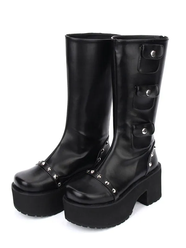 Black Lolita Boots Chunky Heel Mid Calf Platform Gothic Lolita Boots With Embellished Pockets
