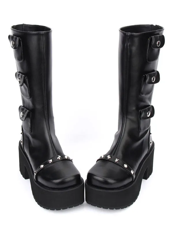 Black Lolita Boots Chunky Heel Mid Calf Platform Gothic Lolita Boots With Embellished Pockets