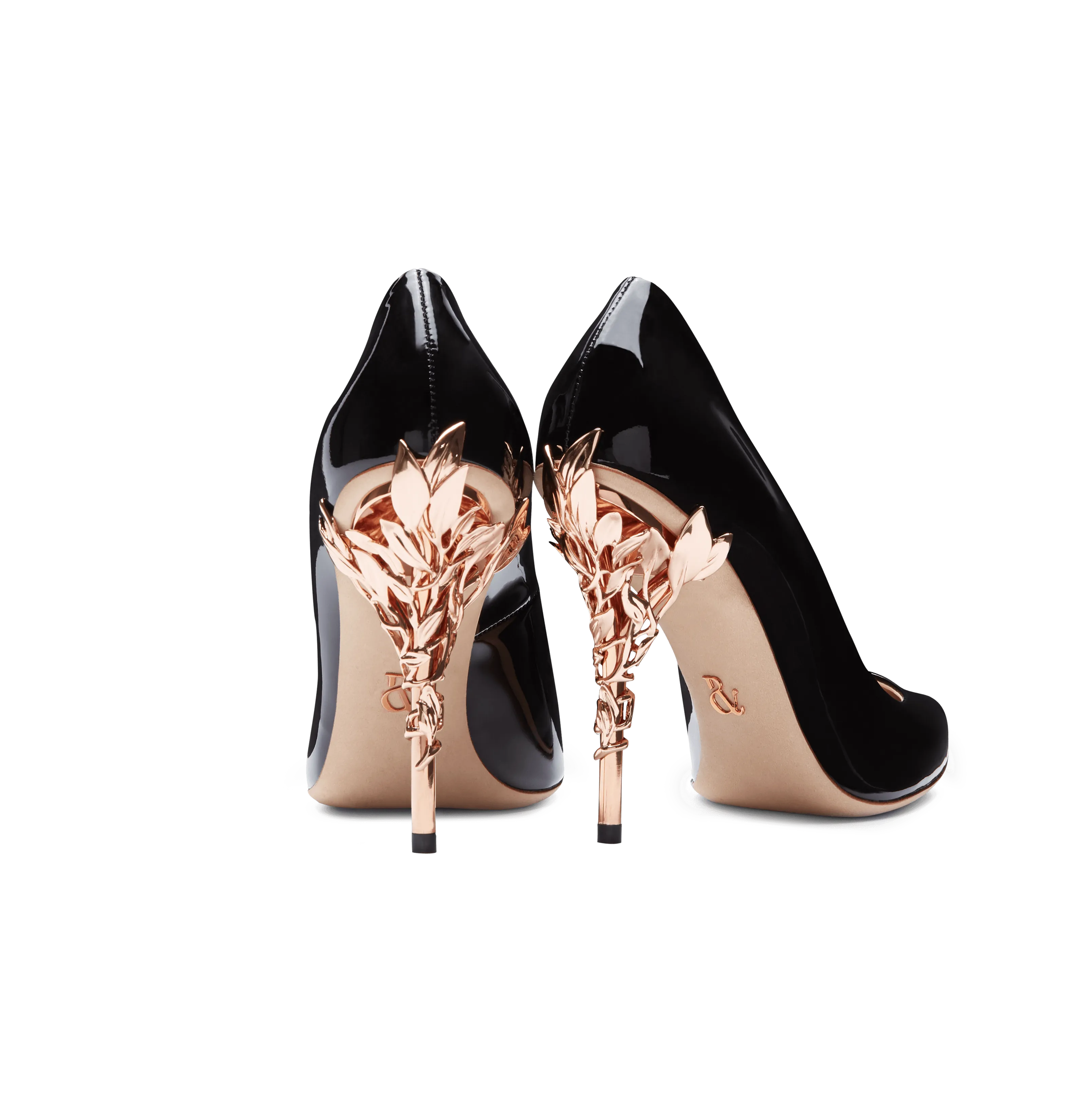 Black Patent Leather Eden Heels with Rose Gold Leaves