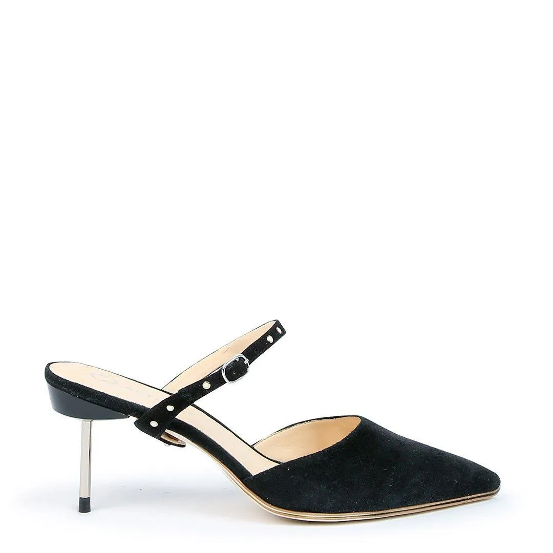 Black Suede Stiletto   Studded Black Twiggy Strap