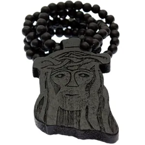 Black Wooden Beaded Chunky Jesus Piece Necklace