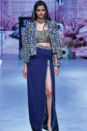 BLUE ART DECO EMBELLISHED NOOR JACKET SET