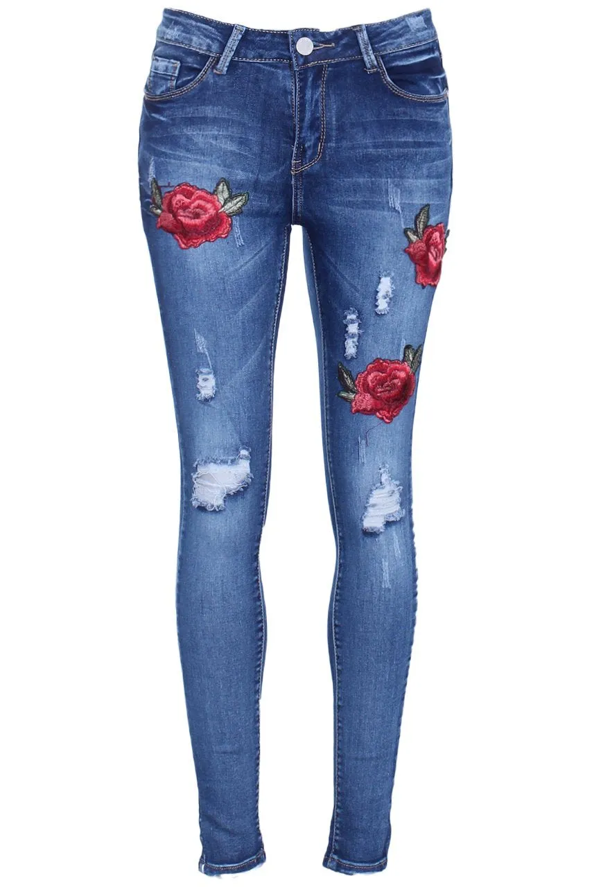 Blue Embroided Flower Ripped Jeans