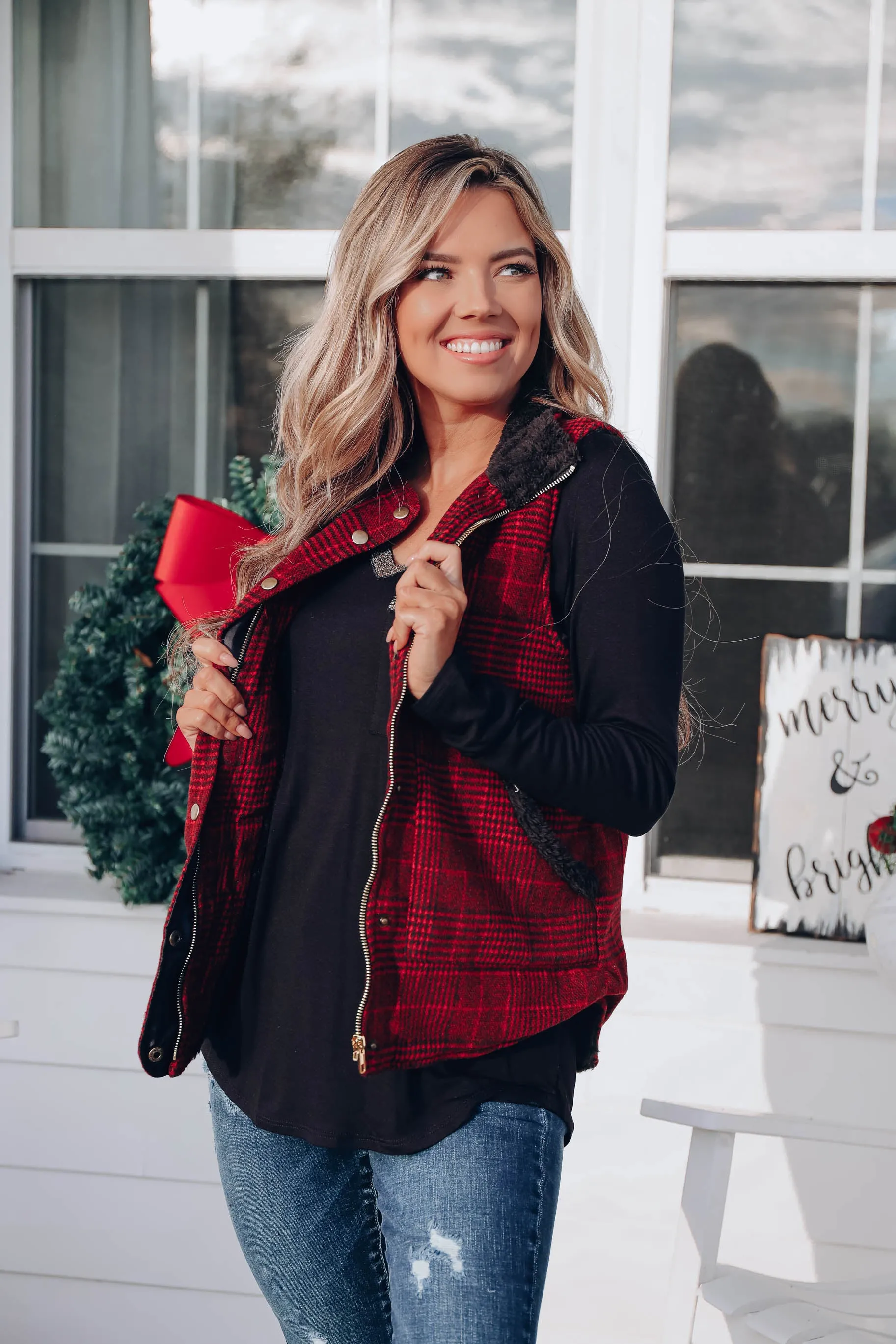 Brisk Weather Plaid Vest - Red