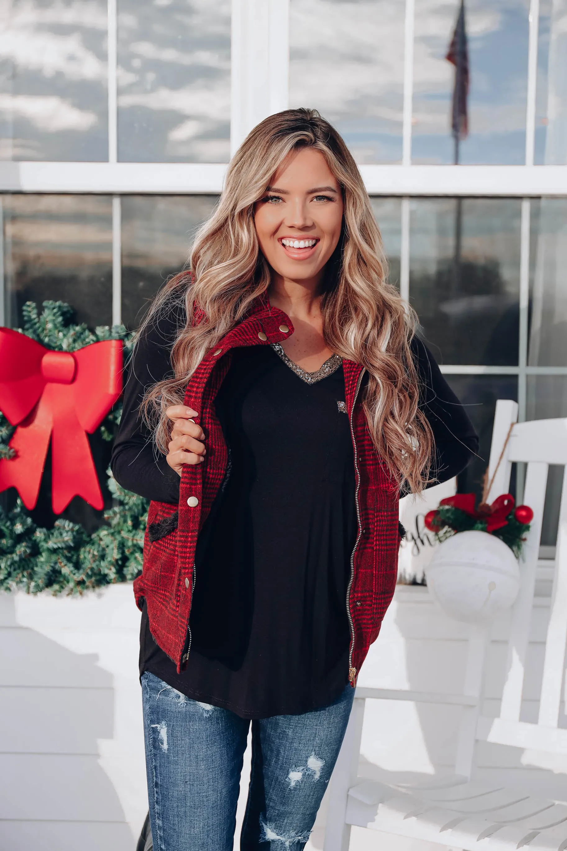 Brisk Weather Plaid Vest - Red