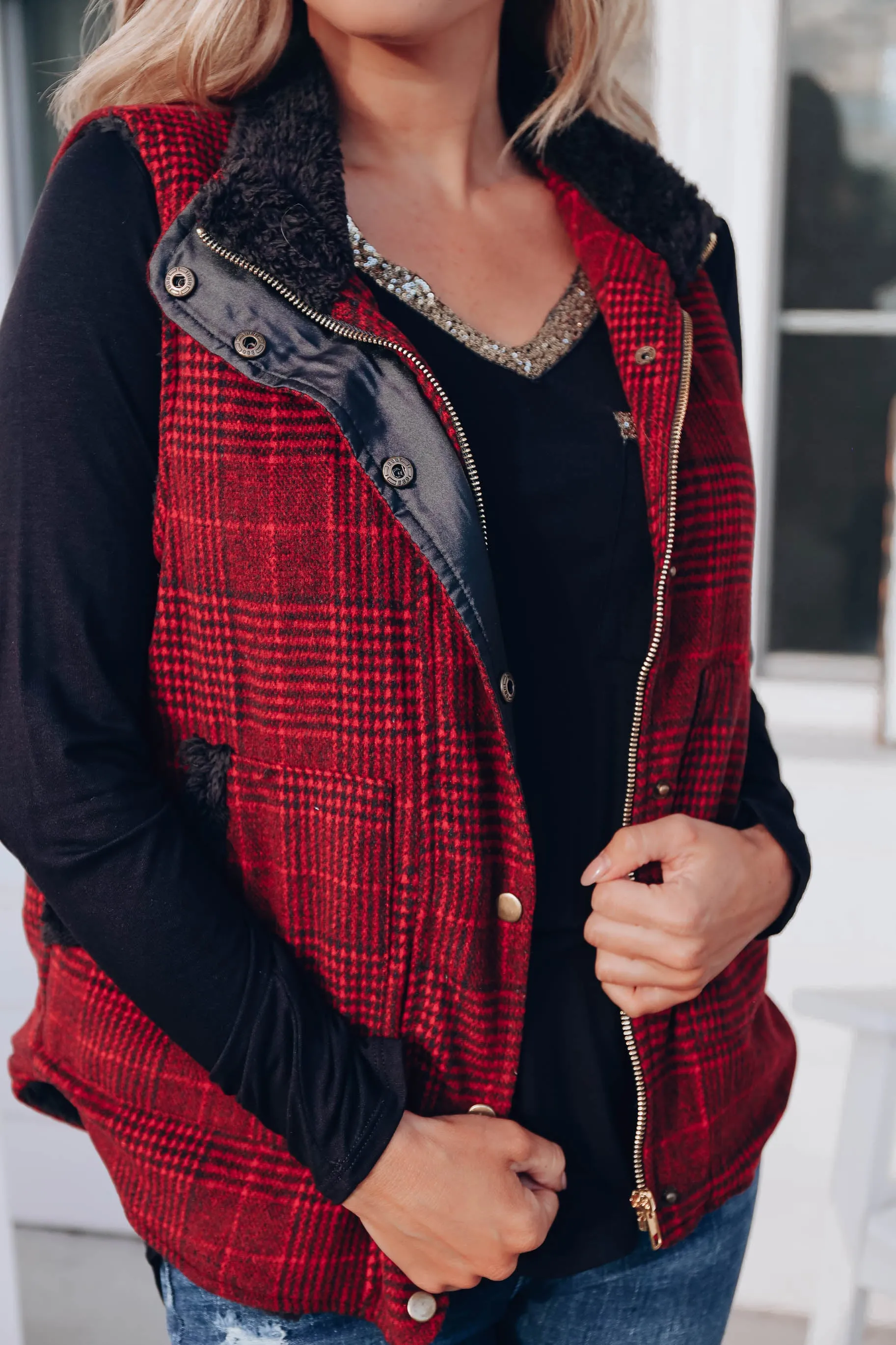 Brisk Weather Plaid Vest - Red