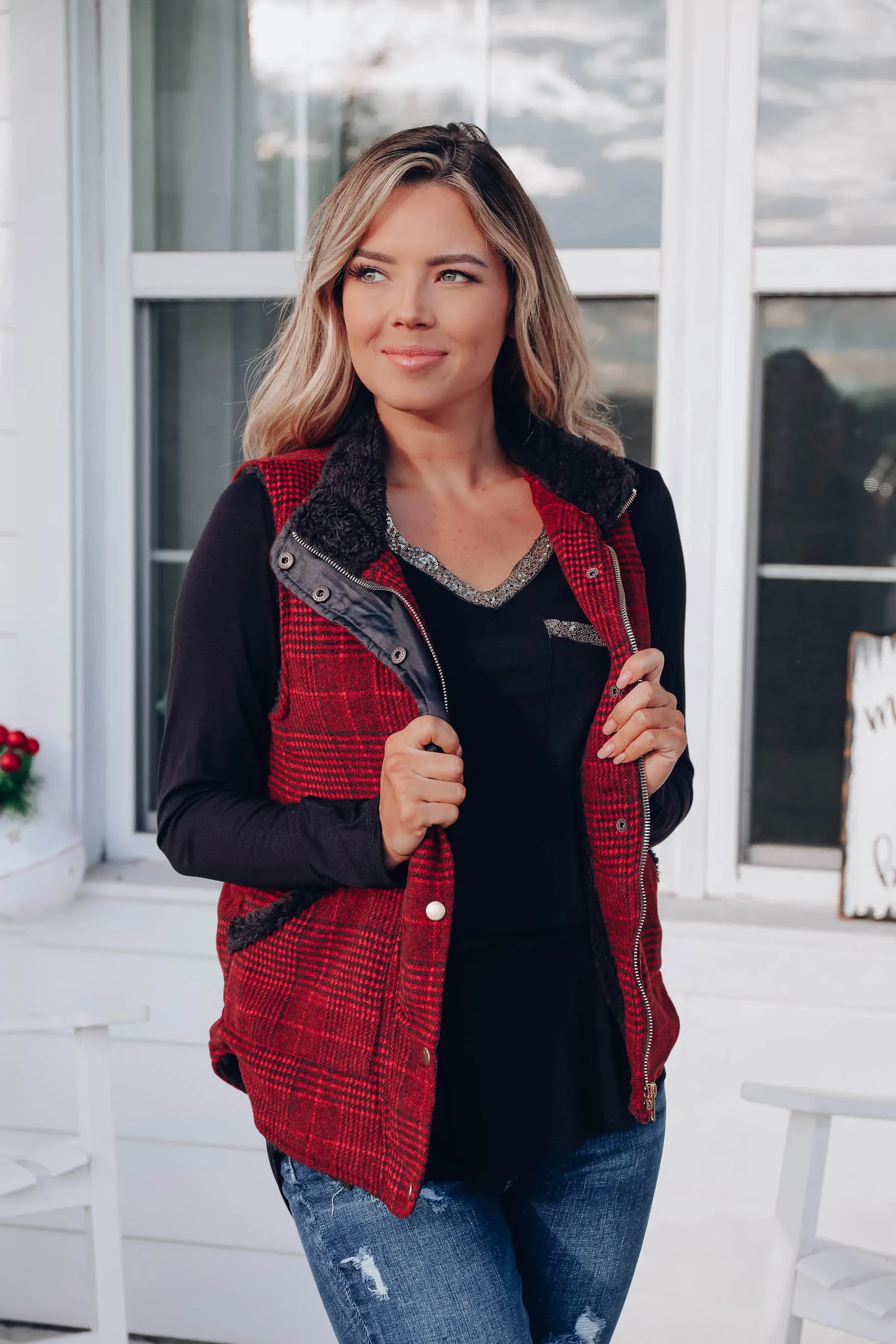 Brisk Weather Plaid Vest - Red