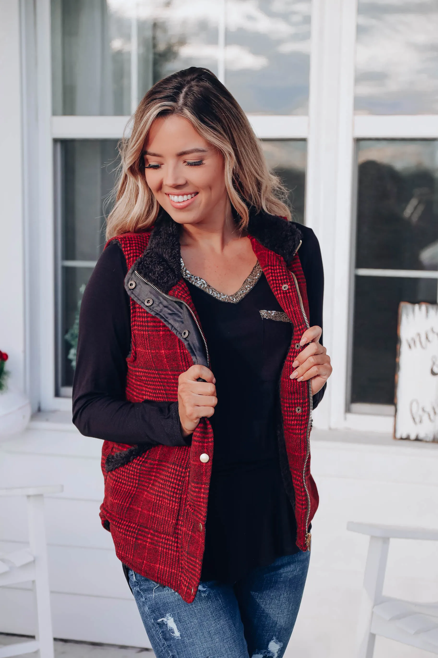 Brisk Weather Plaid Vest - Red