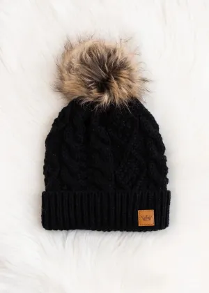 Cable Knit Hat with Faux Fur Pom