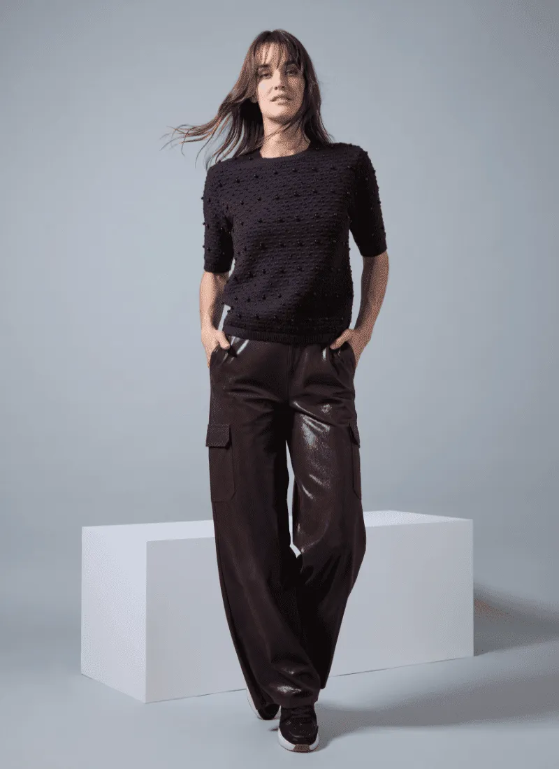 Callie Patent Foil Vegan Suede Pant & Valentina Pearl Sweater Set