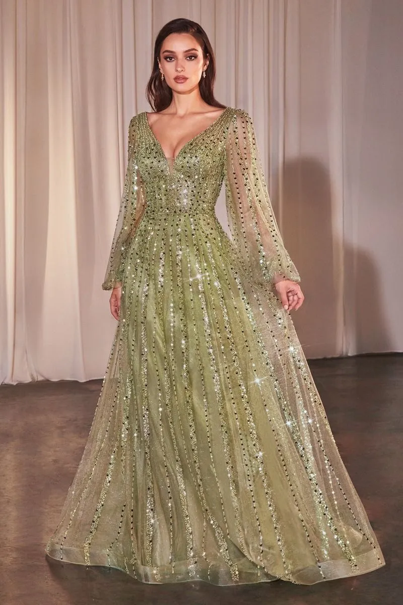 CD 0240 - Bead Embellished A-line Formal Gown with Sheer Long Sleeves & Plunging V-Neck