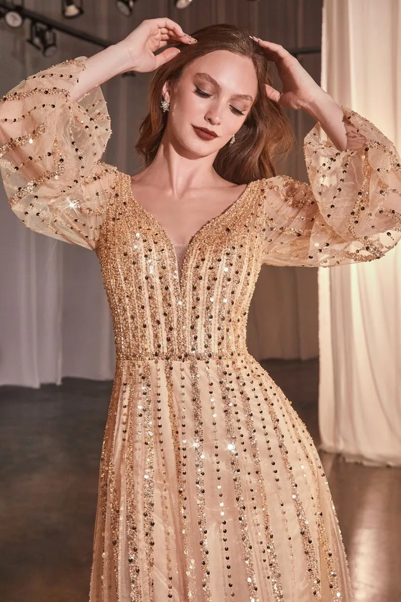 CD 0240 - Bead Embellished A-line Formal Gown with Sheer Long Sleeves & Plunging V-Neck