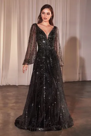 CD 0240 - Bead Embellished A-line Formal Gown with Sheer Long Sleeves & Plunging V-Neck