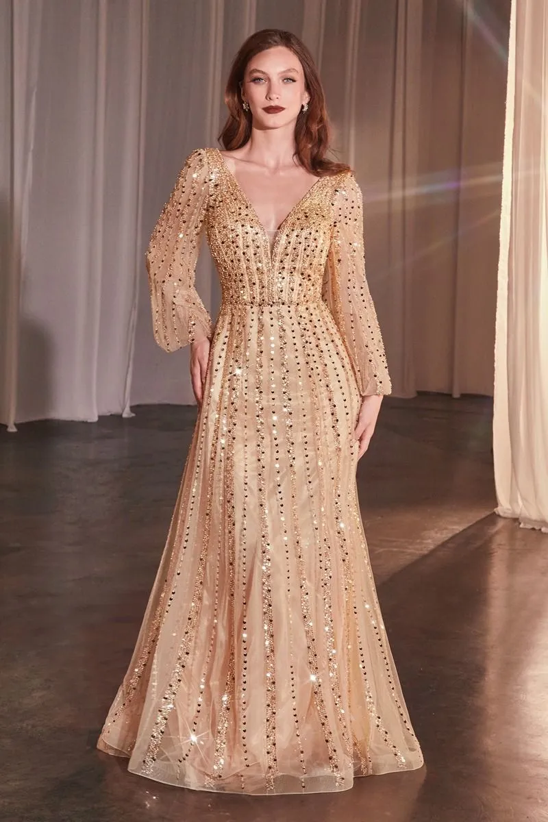 CD 0240 - Bead Embellished A-line Formal Gown with Sheer Long Sleeves & Plunging V-Neck