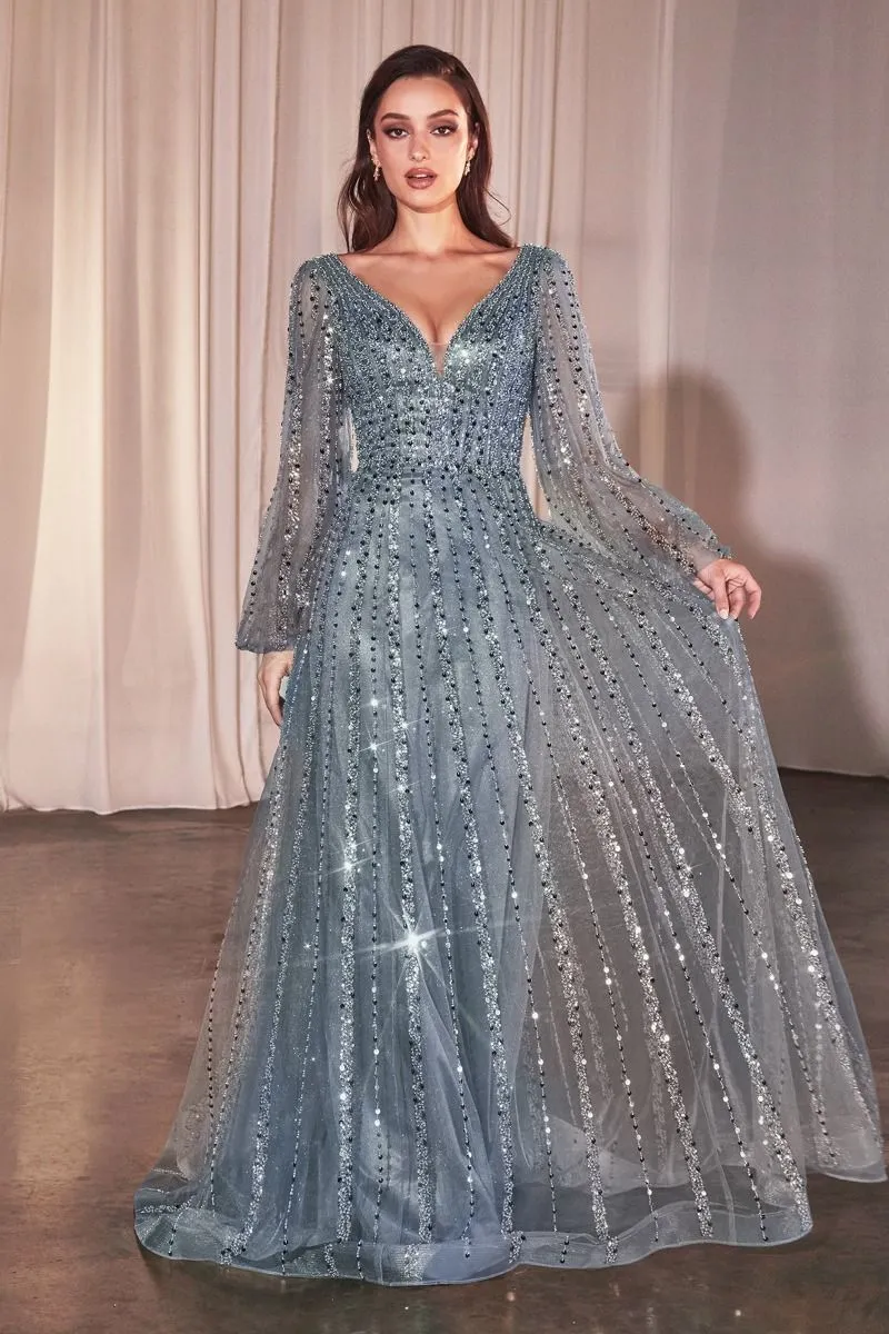 CD 0240 - Bead Embellished A-line Formal Gown with Sheer Long Sleeves & Plunging V-Neck