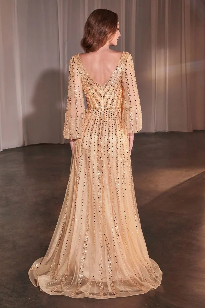 CD 0240 - Bead Embellished A-line Formal Gown with Sheer Long Sleeves & Plunging V-Neck