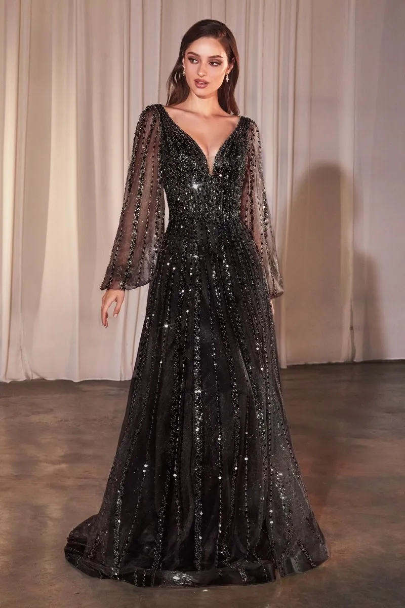 CD 0240 - Bead Embellished A-line Formal Gown with Sheer Long Sleeves & Plunging V-Neck
