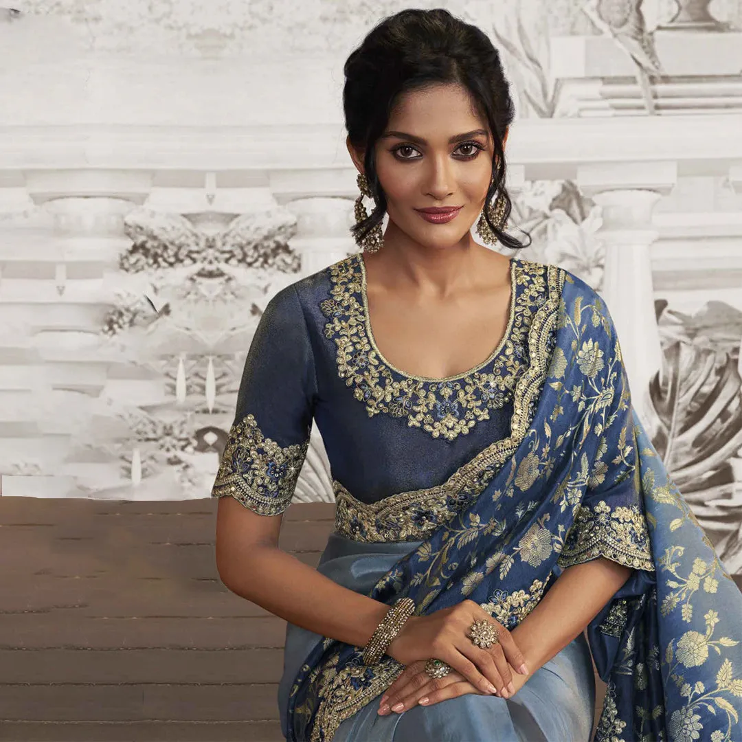 Celestial Blue and Gold Zari Embellished Saree