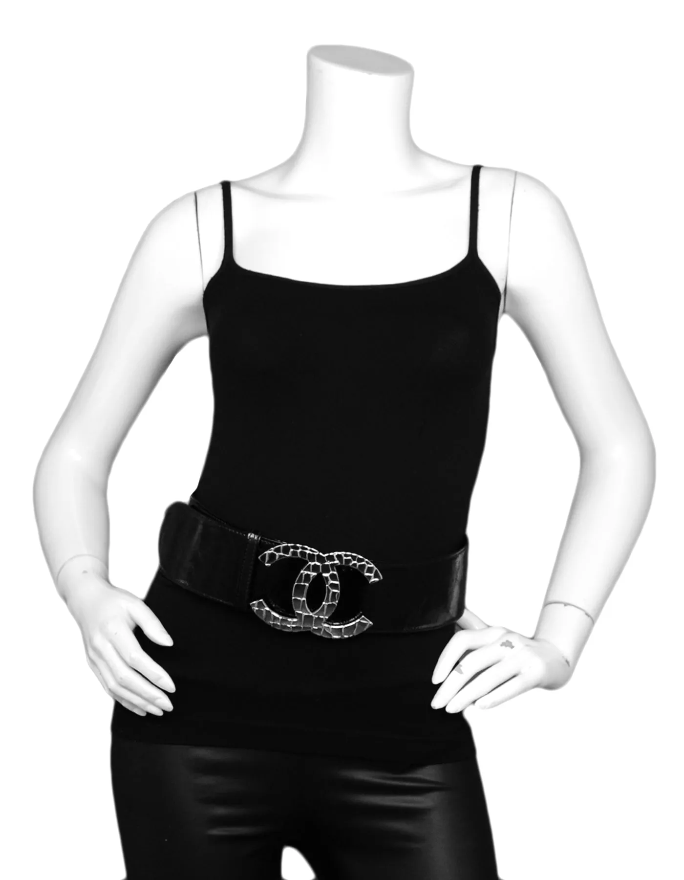 Chanel Black Patent Leather Wide Belt with Quilted CC Logo sz 80/32