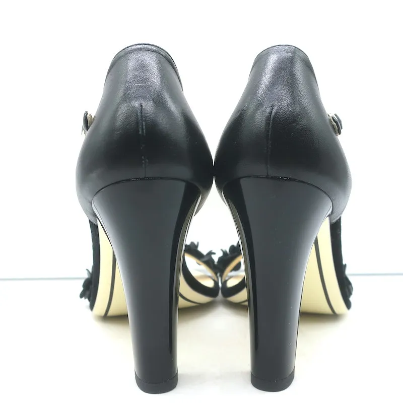 Chanel Camellia Bow T-Strap Sandals Black Leather Size 38.5 Open Toe Heels