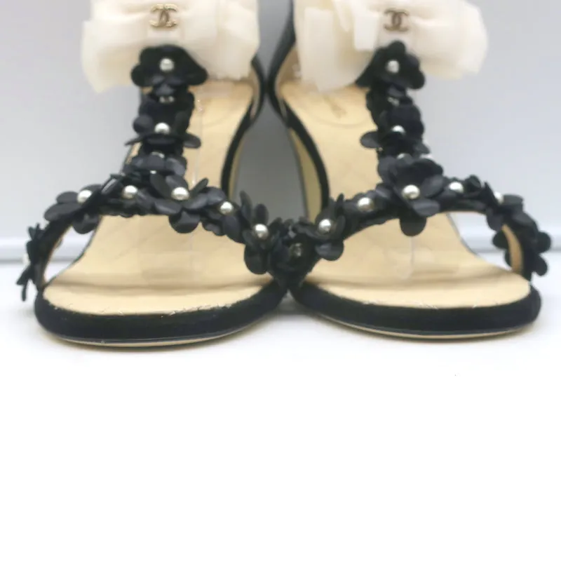 Chanel Camellia Bow T-Strap Sandals Black Leather Size 38.5 Open Toe Heels
