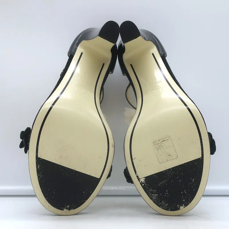 Chanel Camellia Bow T-Strap Sandals Black Leather Size 38.5 Open Toe Heels
