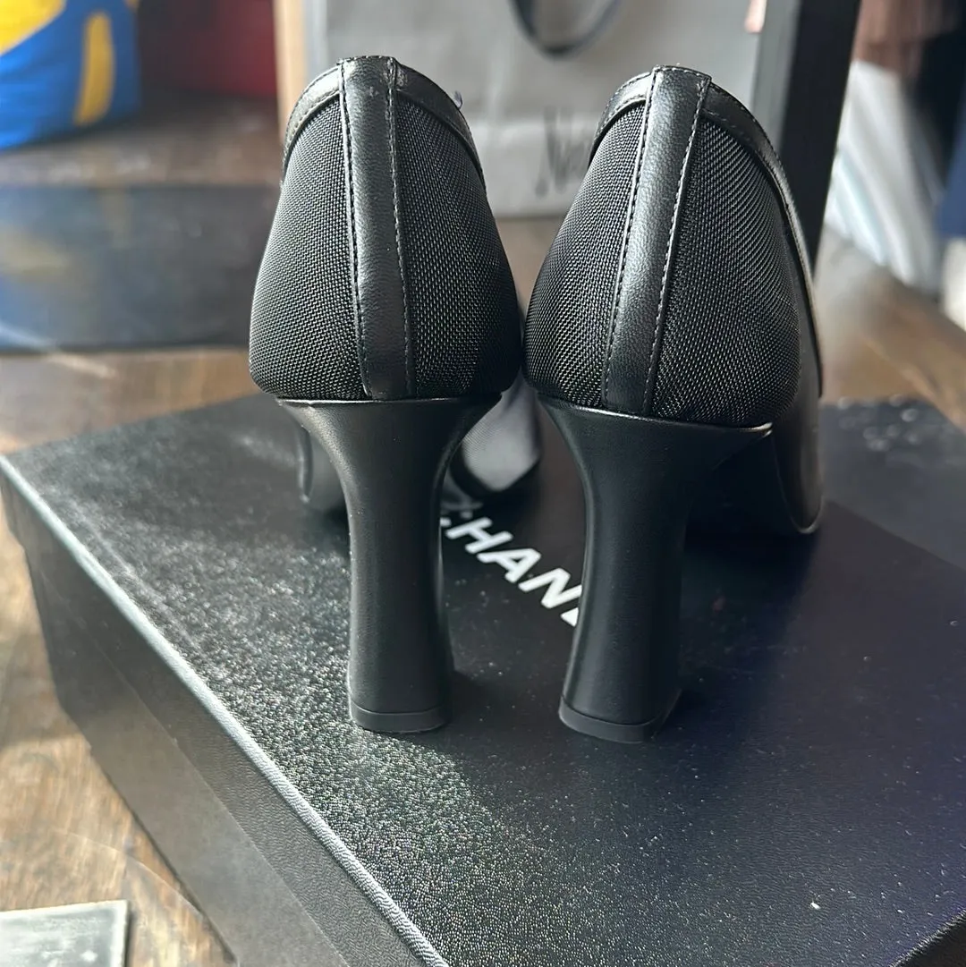 Chanel Mesh and Lambskin Black Bowed Chunky Heel
