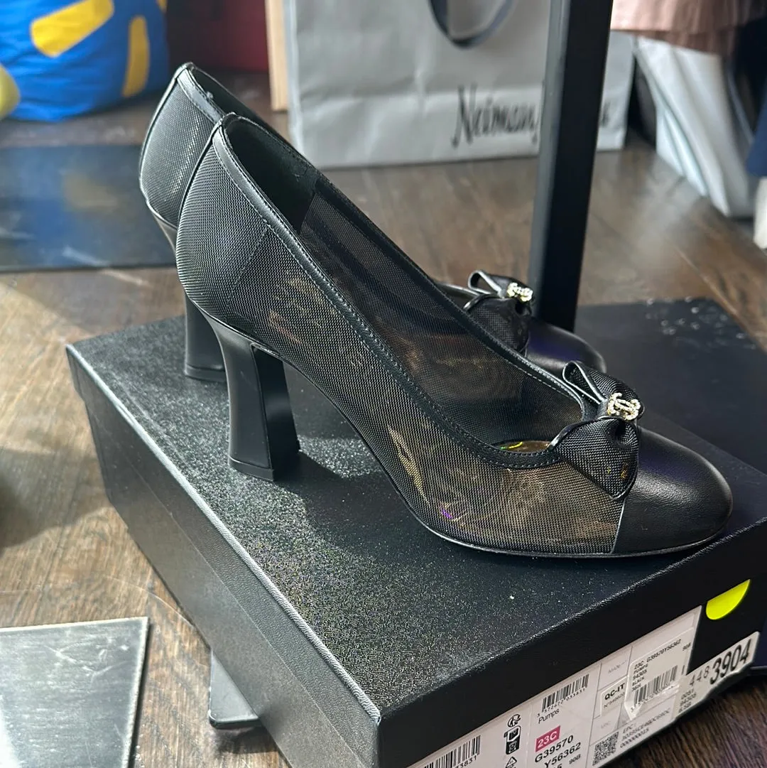 Chanel Mesh and Lambskin Black Bowed Chunky Heel