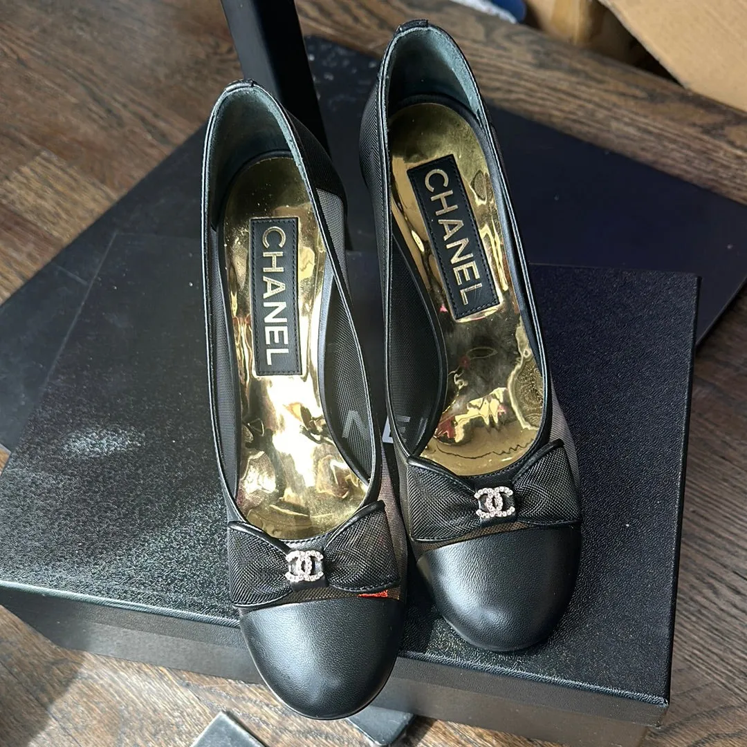 Chanel Mesh and Lambskin Black Bowed Chunky Heel