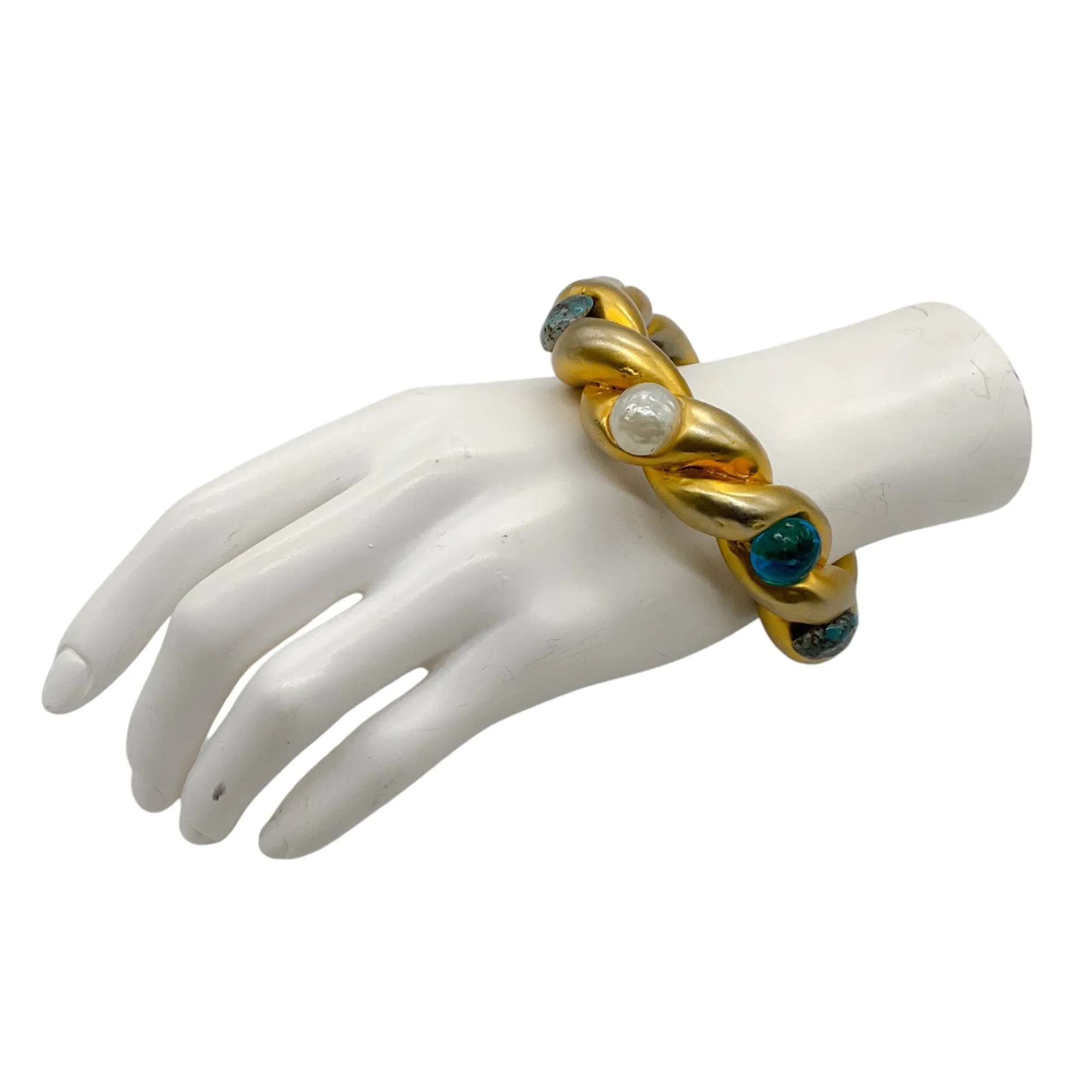 Chanel Vintage Pearl and Aqua Resin Embellished Gold Enamel Chunky Bangle Bracelet