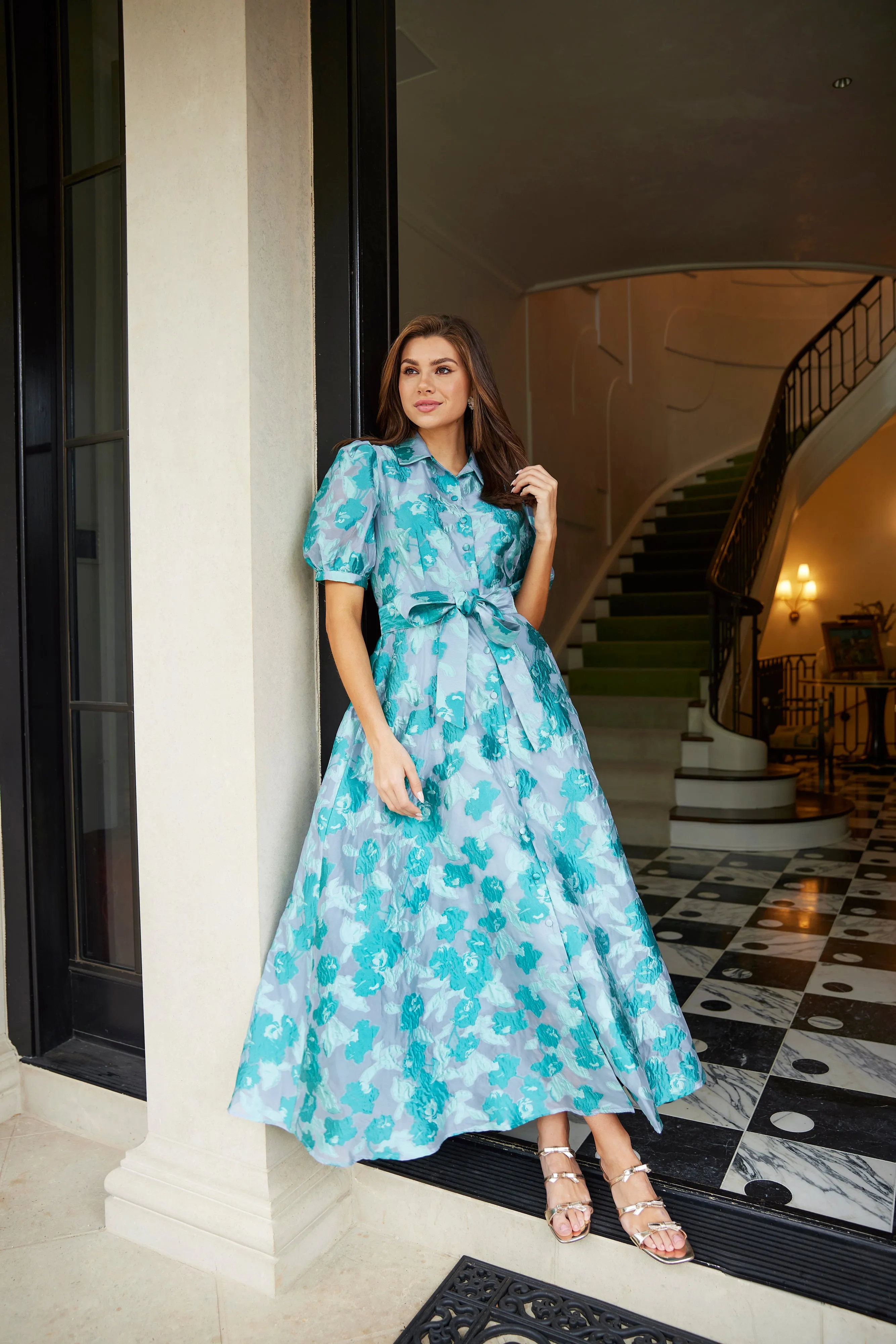 Charlotte Gown Mint Rose Vine Organza